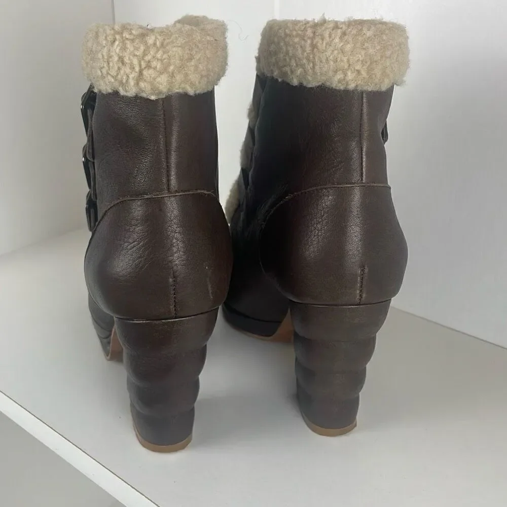 See by Chloe Leather Sherpa Trim Buckle Strap Ankle Boots REPAIR NEEDED 38.5